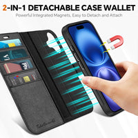TUCCH Wallet Case for iPhone 16 Pro, [Removable] 2 in 1 [Wireless Charging] RFID Blocking [4 Card Holders] PU Leather Cover, Magnetic Detachable Folding Stand Folio Case for iPhone 16 Pro, Light Brown - 7DAY'S