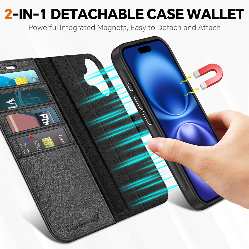 TUCCH Wallet Case for iPhone 16 Pro, [Removable] 2 in 1 [Wireless Charging] RFID Blocking [4 Card Holders] PU Leather Cover, Magnetic Detachable Folding Stand Folio Case for iPhone 16 Pro, Light Brown - 7DAY'S