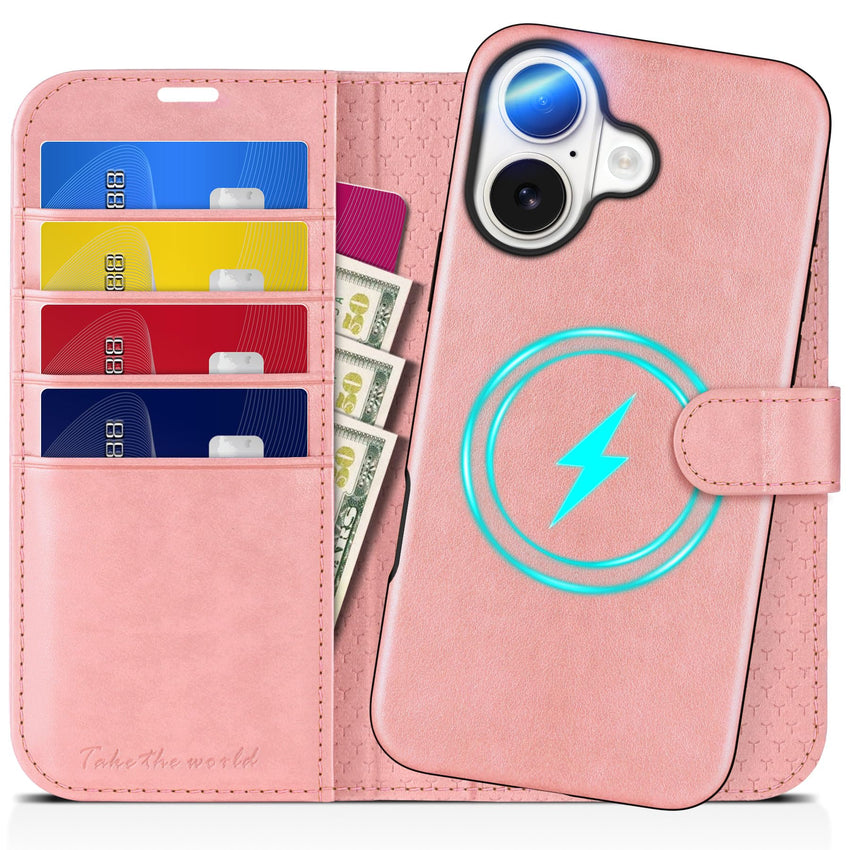 TUCCH Wallet Case for iPhone 16 Pro, [Removable] 2 in 1 [Wireless Charging] RFID Blocking [4 Card Holders] PU Leather Cover, Magnetic Detachable Folding Stand Folio Case for iPhone 16 Pro, Light Brown - 7DAY'S
