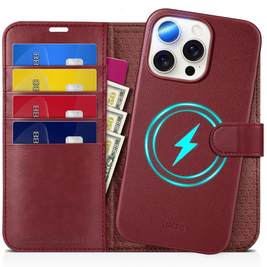TUCCH Wallet Case for iPhone 16 Pro, [Removable] 2 in 1 [Wireless Charging] RFID Blocking [4 Card Holders] PU Leather Cover, Magnetic Detachable Folding Stand Folio Case for iPhone 16 Pro, Light Brown - 7DAY'S