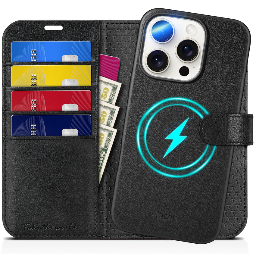 TUCCH Wallet Case for iPhone 16 Pro, [Removable] 2 in 1 [Wireless Charging] RFID Blocking [4 Card Holders] PU Leather Cover, Magnetic Detachable Folding Stand Folio Case for iPhone 16 Pro, Light Brown - 7DAY'S