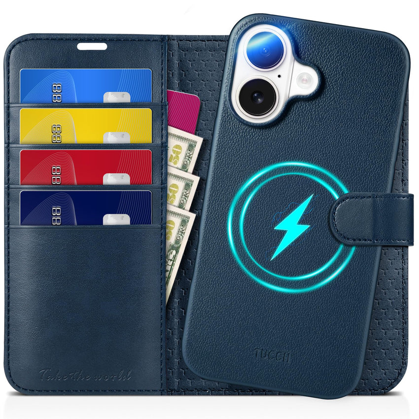 TUCCH Wallet Case for iPhone 16 Pro, [Removable] 2 in 1 [Wireless Charging] RFID Blocking [4 Card Holders] PU Leather Cover, Magnetic Detachable Folding Stand Folio Case for iPhone 16 Pro, Light Brown - 7DAY'S