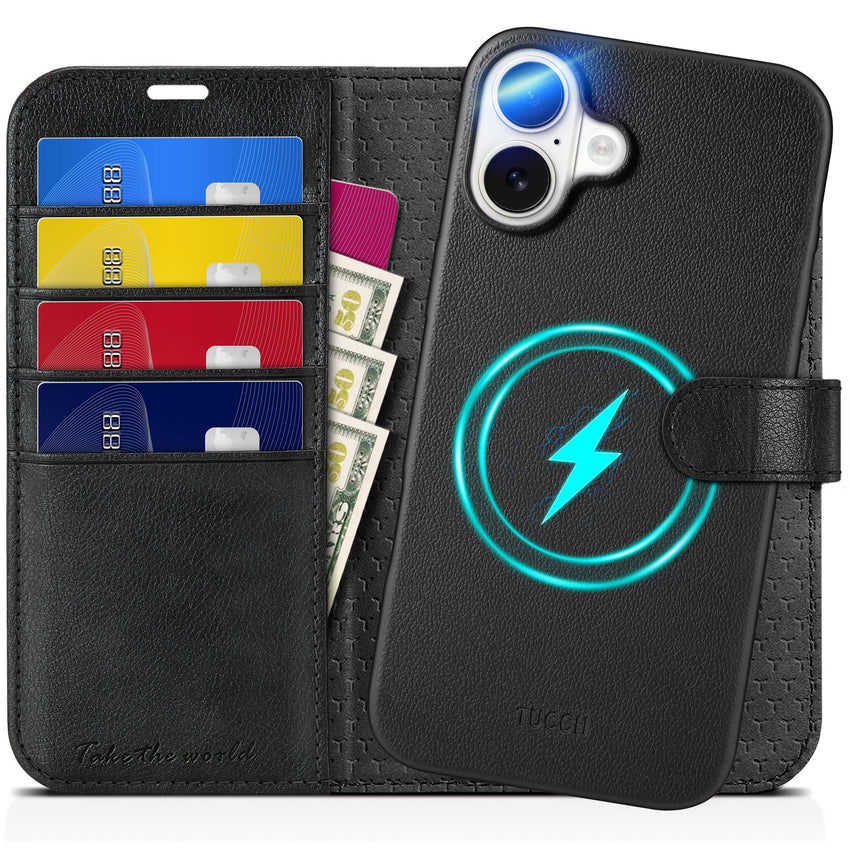TUCCH Wallet Case for iPhone 16 Pro, [Removable] 2 in 1 [Wireless Charging] RFID Blocking [4 Card Holders] PU Leather Cover, Magnetic Detachable Folding Stand Folio Case for iPhone 16 Pro, Light Brown - 7DAY'S