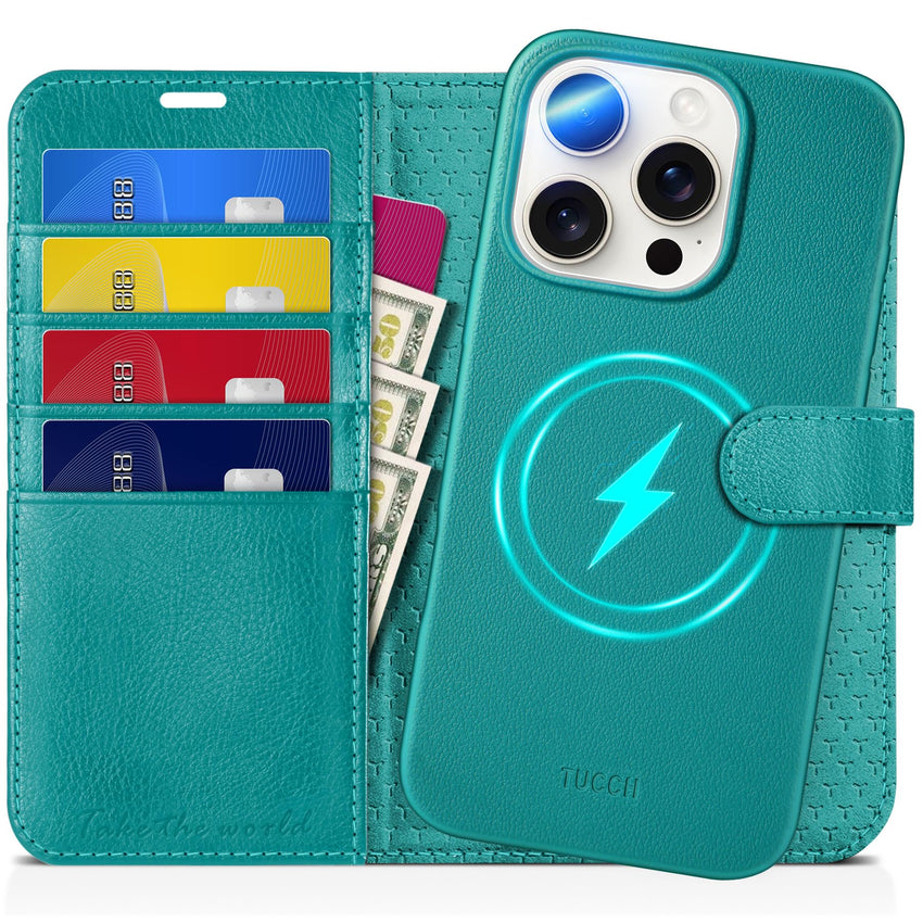 TUCCH Wallet Case for iPhone 16 Pro, [Removable] 2 in 1 [Wireless Charging] RFID Blocking [4 Card Holders] PU Leather Cover, Magnetic Detachable Folding Stand Folio Case for iPhone 16 Pro, Light Brown - 7DAY'S