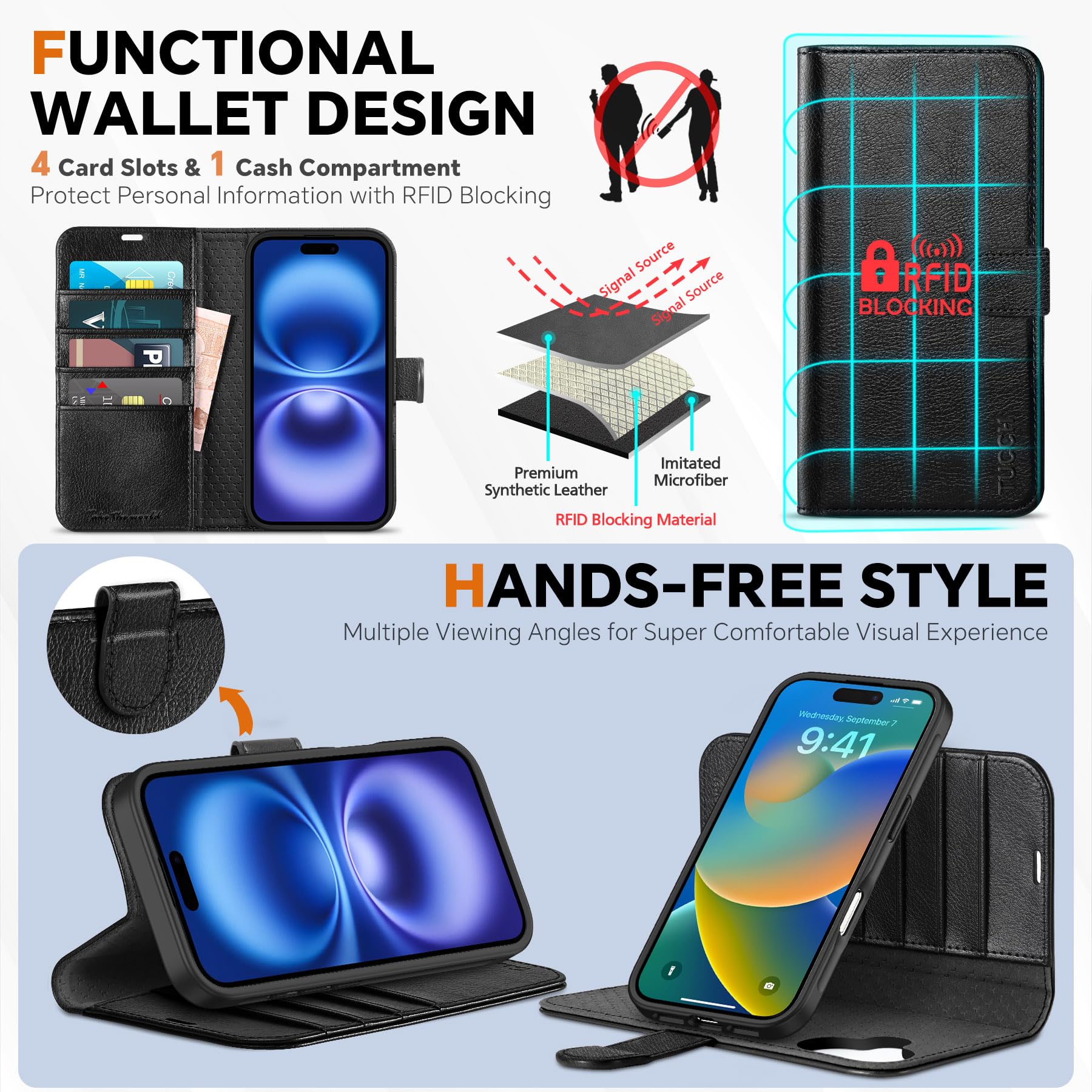 TUCCH Wallet Case for iPhone 16 Pro, [Removable] 2 in 1 [Wireless Charging] RFID Blocking [4 Card Holders] PU Leather Cover, Magnetic Detachable Folding Stand Folio Case for iPhone 16 Pro, Light Brown - 7DAY'S