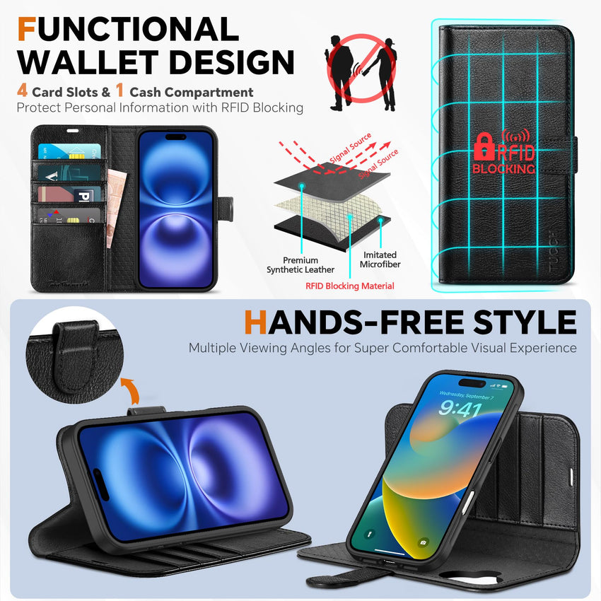 TUCCH Wallet Case for iPhone 16 Pro, [Removable] 2 in 1 [Wireless Charging] RFID Blocking [4 Card Holders] PU Leather Cover, Magnetic Detachable Folding Stand Folio Case for iPhone 16 Pro, Light Brown - 7DAY'S