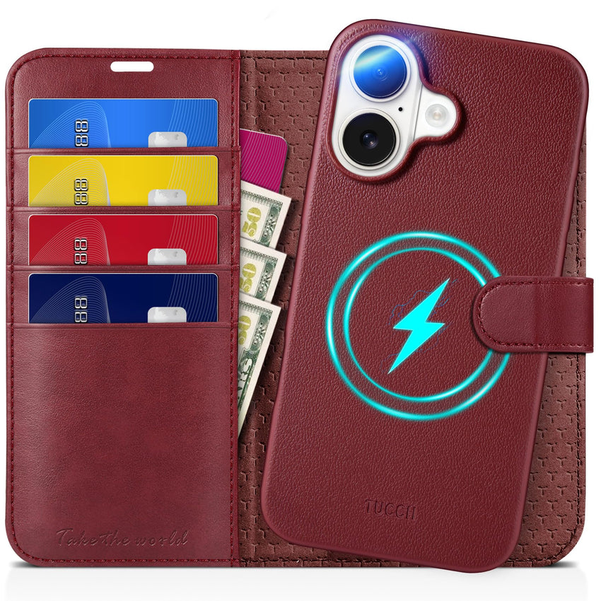 TUCCH Wallet Case for iPhone 16 Pro, [Removable] 2 in 1 [Wireless Charging] RFID Blocking [4 Card Holders] PU Leather Cover, Magnetic Detachable Folding Stand Folio Case for iPhone 16 Pro, Light Brown - 7DAY'S