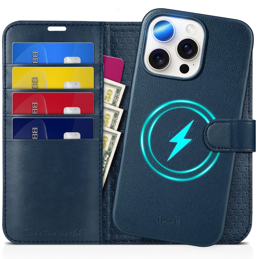 TUCCH Wallet Case for iPhone 16 Pro, [Removable] 2 in 1 [Wireless Charging] RFID Blocking [4 Card Holders] PU Leather Cover, Magnetic Detachable Folding Stand Folio Case for iPhone 16 Pro, Light Brown - 7DAY'S