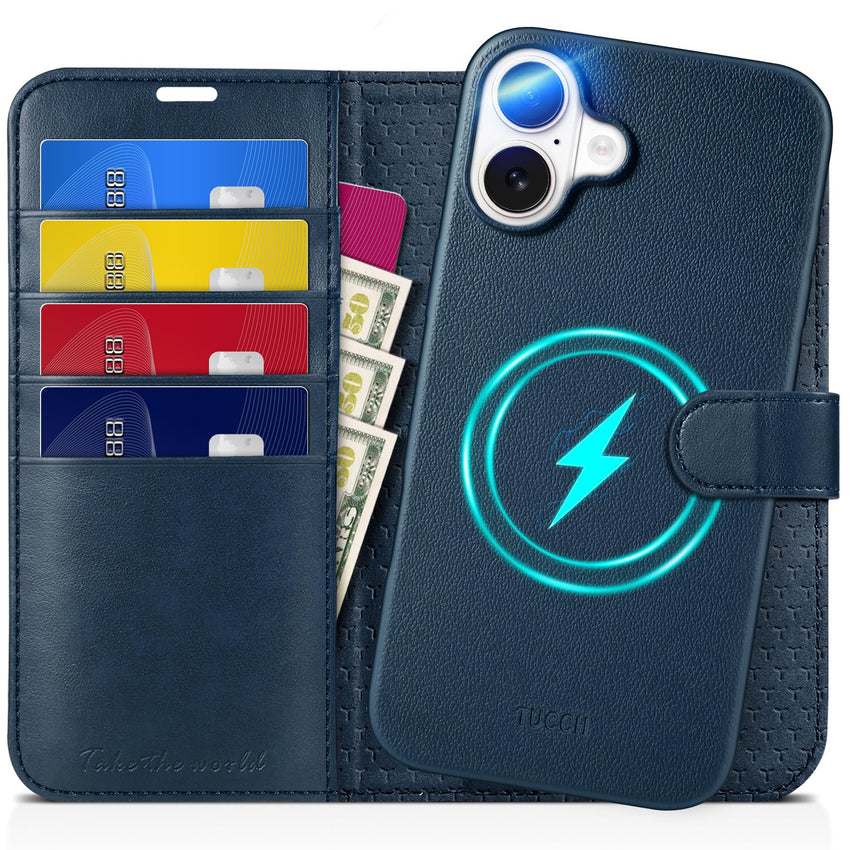 TUCCH Wallet Case for iPhone 16 Pro, [Removable] 2 in 1 [Wireless Charging] RFID Blocking [4 Card Holders] PU Leather Cover, Magnetic Detachable Folding Stand Folio Case for iPhone 16 Pro, Light Brown - 7DAY'S