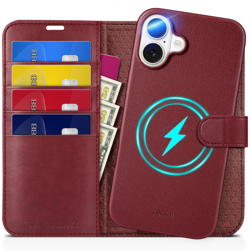 TUCCH Wallet Case for iPhone 16 Pro, [Removable] 2 in 1 [Wireless Charging] RFID Blocking [4 Card Holders] PU Leather Cover, Magnetic Detachable Folding Stand Folio Case for iPhone 16 Pro, Light Brown - 7DAY'S