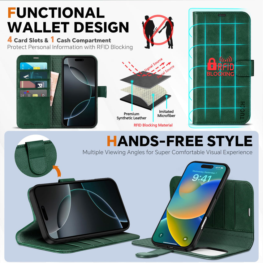 TUCCH Wallet Case for iPhone 16 Pro, [Removable] 2 in 1 [Wireless Charging] RFID Blocking [4 Card Holders] PU Leather Cover, Magnetic Detachable Folding Stand Folio Case for iPhone 16 Pro, Light Brown - 7DAY'S