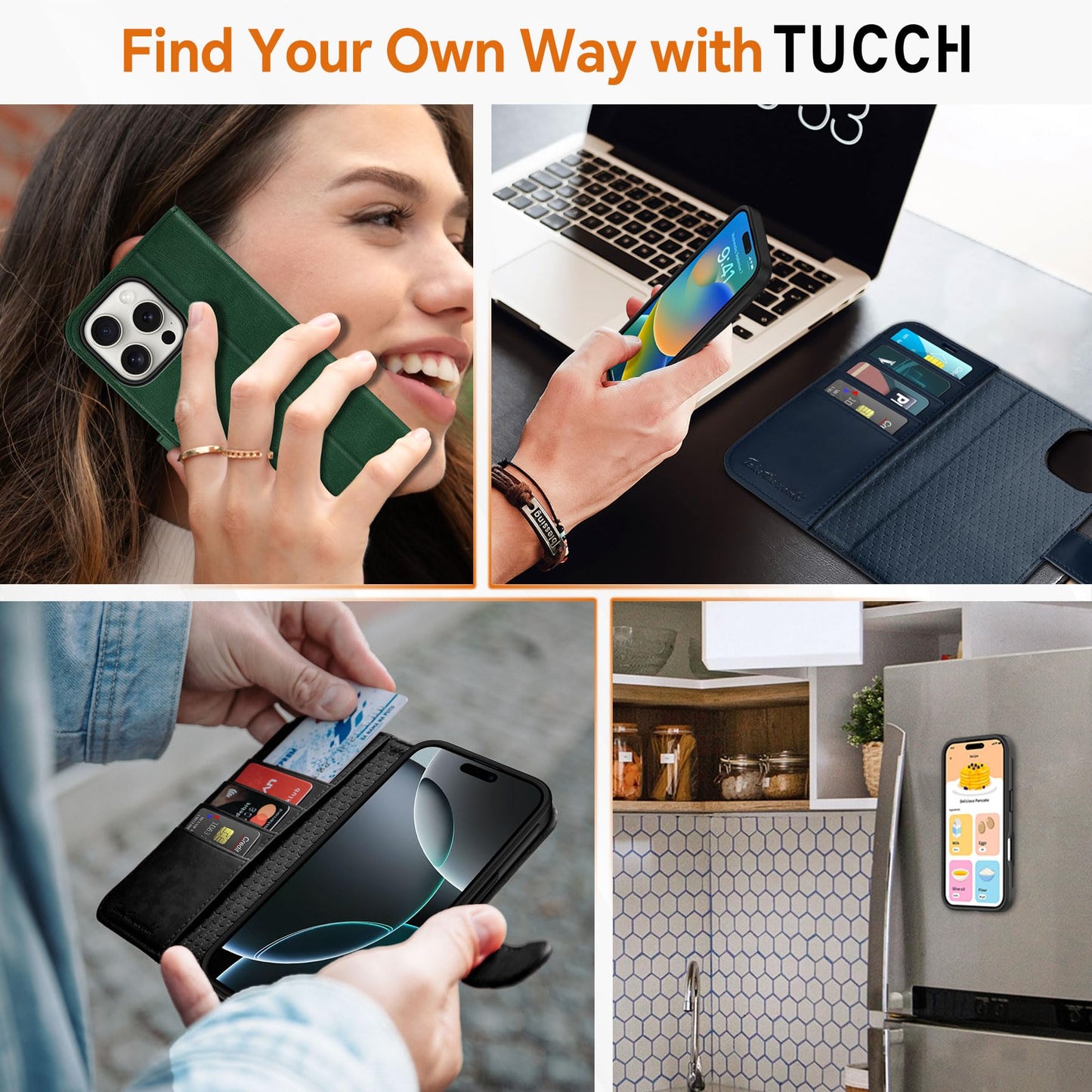 TUCCH Wallet Case for iPhone 16 Pro, [Removable] 2 in 1 [Wireless Charging] RFID Blocking [4 Card Holders] PU Leather Cover, Magnetic Detachable Folding Stand Folio Case for iPhone 16 Pro, Light Brown - 7DAY'S