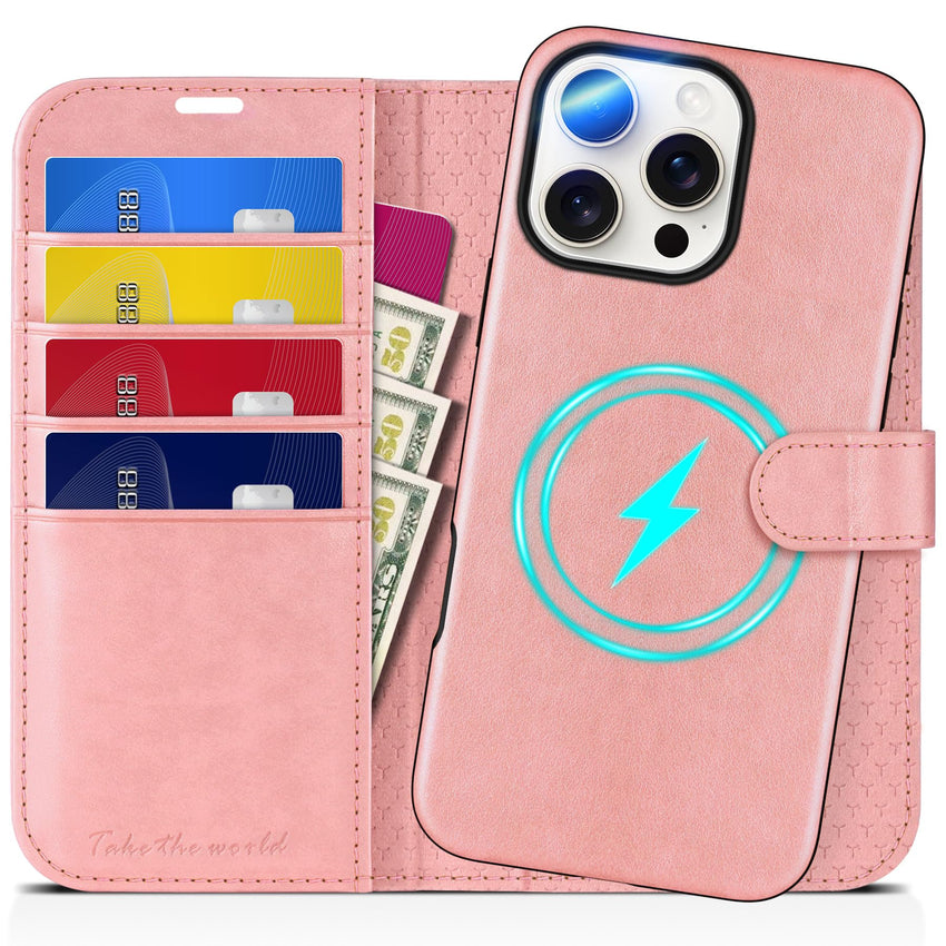 TUCCH Wallet Case for iPhone 16 Pro, [Removable] 2 in 1 [Wireless Charging] RFID Blocking [4 Card Holders] PU Leather Cover, Magnetic Detachable Folding Stand Folio Case for iPhone 16 Pro, Light Brown - 7DAY'S