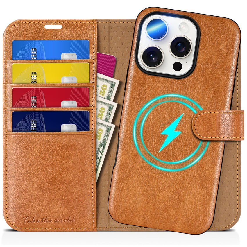 TUCCH Wallet Case for iPhone 16 Pro, [Removable] 2 in 1 [Wireless Charging] RFID Blocking [4 Card Holders] PU Leather Cover, Magnetic Detachable Folding Stand Folio Case for iPhone 16 Pro, Light Brown - 7DAY'S