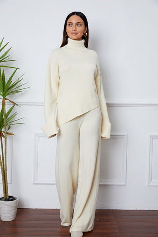 Turtleneck Dropped Shoulder Top and Pants Sweater Set