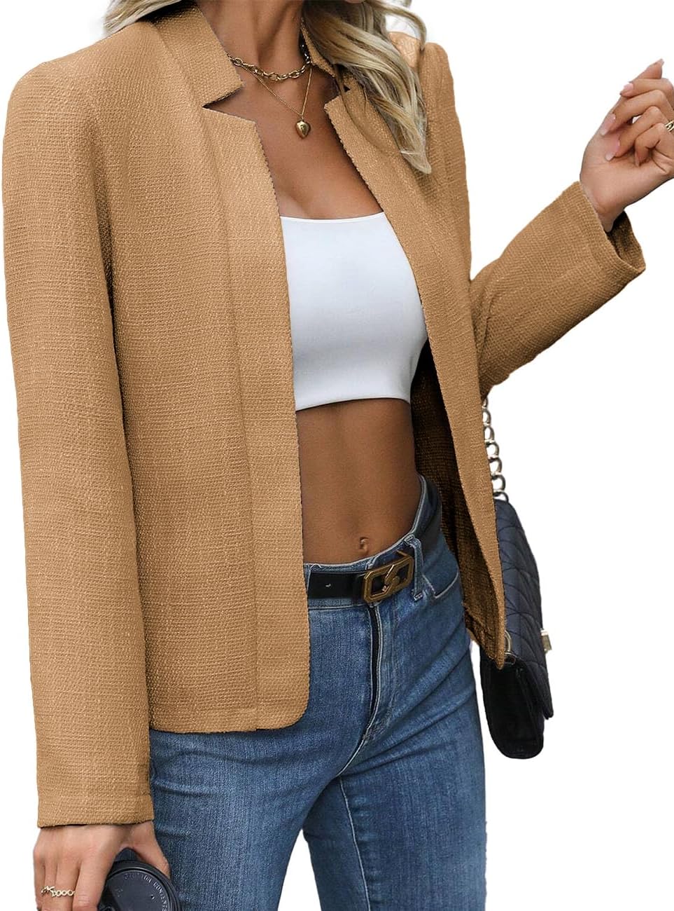 Tweed Blazer Jackets for Women Kahki Ladies Jacket Cardigan Wool Boucle Work Professional Office Lightweight Clothes 2024 Spring Fashion Dressy Outfits Khaki XXL - 7DAY'S