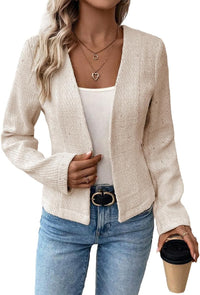 Tweed Blazer Jackets for Women Sweater Blazers Beige Cream Petite Cardigan Collarless Cardigans Sweaters Wool Slim Fitted Jackets Beige L - 7DAY'S