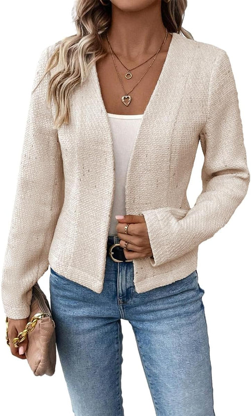 Tweed Blazer Jackets for Women Sweater Blazers Beige Cream Petite Cardigan Collarless Cardigans Sweaters Wool Slim Fitted Jackets Beige L - 7DAY'S