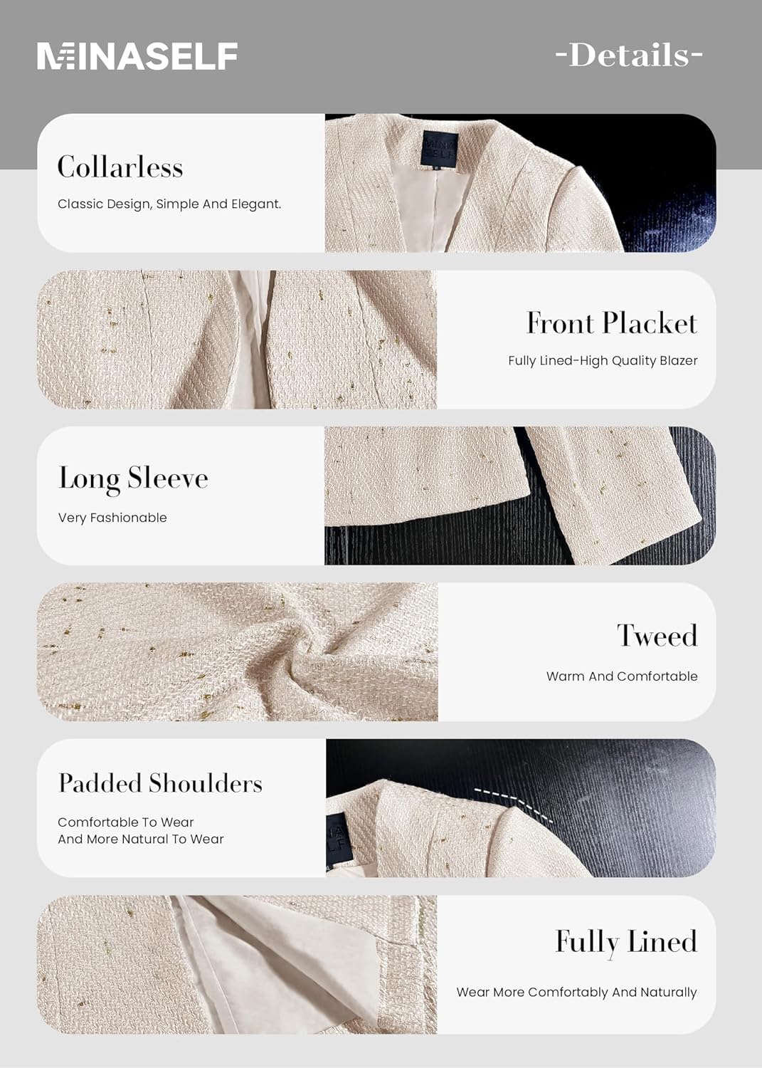 Tweed Blazer Jackets for Women Sweater Blazers Beige Cream Petite Cardigan Collarless Cardigans Sweaters Wool Slim Fitted Jackets Beige L - 7DAY'S