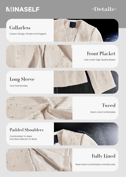 Tweed Blazer Jackets for Women Sweater Blazers Beige Cream Petite Cardigan Collarless Cardigans Sweaters Wool Slim Fitted Jackets Beige L - 7DAY'S