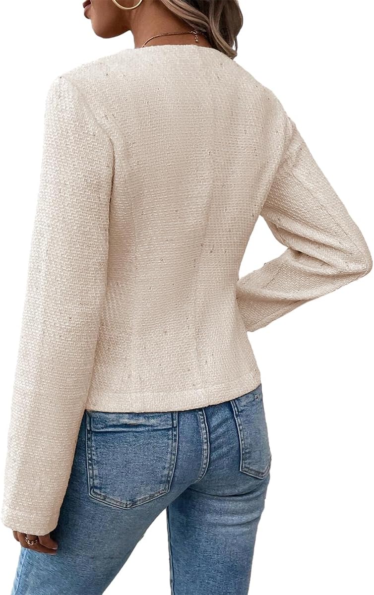 Tweed Blazer Jackets for Women Sweater Blazers Beige Cream Petite Cardigan Collarless Cardigans Sweaters Wool Slim Fitted Jackets Beige L - 7DAY'S