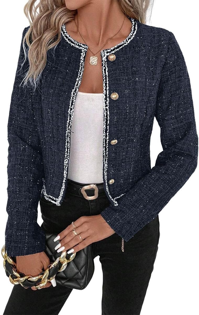Tweed Blazers Jackets for Women Blue Fall Blazer Winter Fashion Clothes Outfits for Womens 2023 Business Work Office Casual Professional Dressy Short Jacket Suit Blue 0L - 7DAY'S