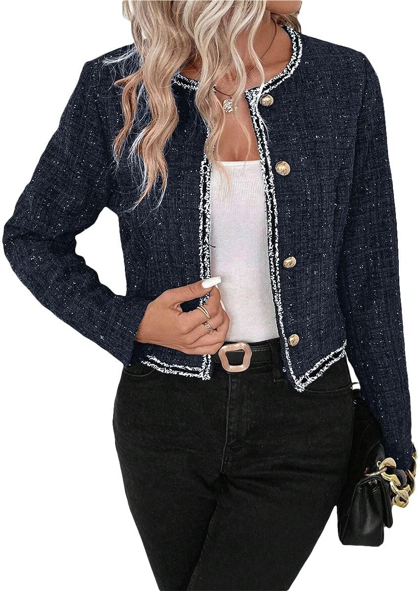 Tweed Blazers Jackets for Women Blue Fall Blazer Winter Fashion Clothes Outfits for Womens 2023 Business Work Office Casual Professional Dressy Short Jacket Suit Blue 0L - 7DAY'S