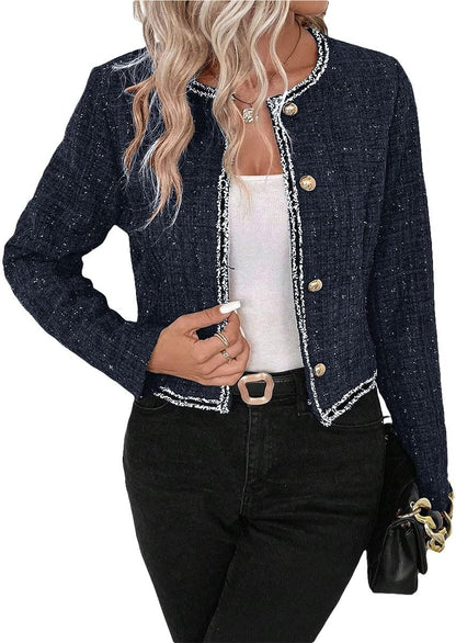 Tweed Blazers Jackets for Women Blue Fall Blazer Winter Fashion Clothes Outfits for Womens 2023 Business Work Office Casual Professional Dressy Short Jacket Suit Blue 0L - 7DAY'S