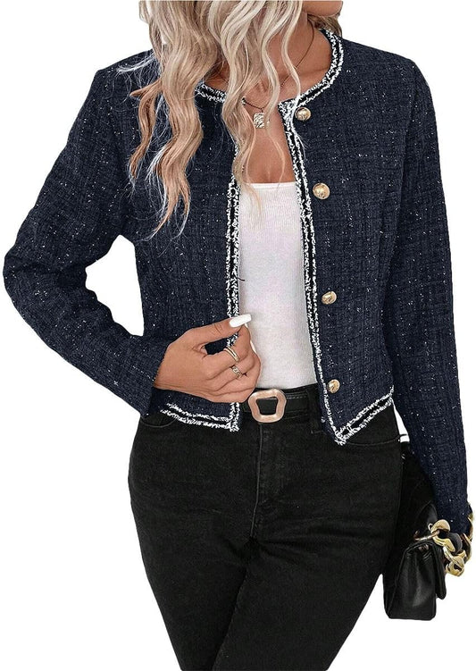 Tweed Blazers Jackets for Women Blue Fall Blazer Winter Fashion Clothes Outfits for Womens 2023 Business Work Office Casual Professional Dressy Short Jacket Suit Blue 0L - 7DAY'S