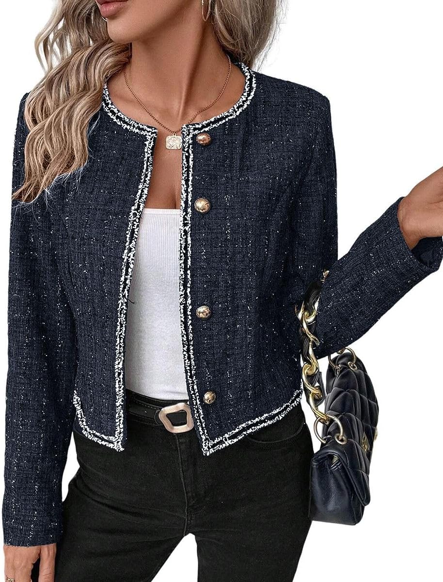 Tweed Blazers Jackets for Women Blue Fall Blazer Winter Fashion Clothes Outfits for Womens 2023 Business Work Office Casual Professional Dressy Short Jacket Suit Blue 0L - 7DAY'S