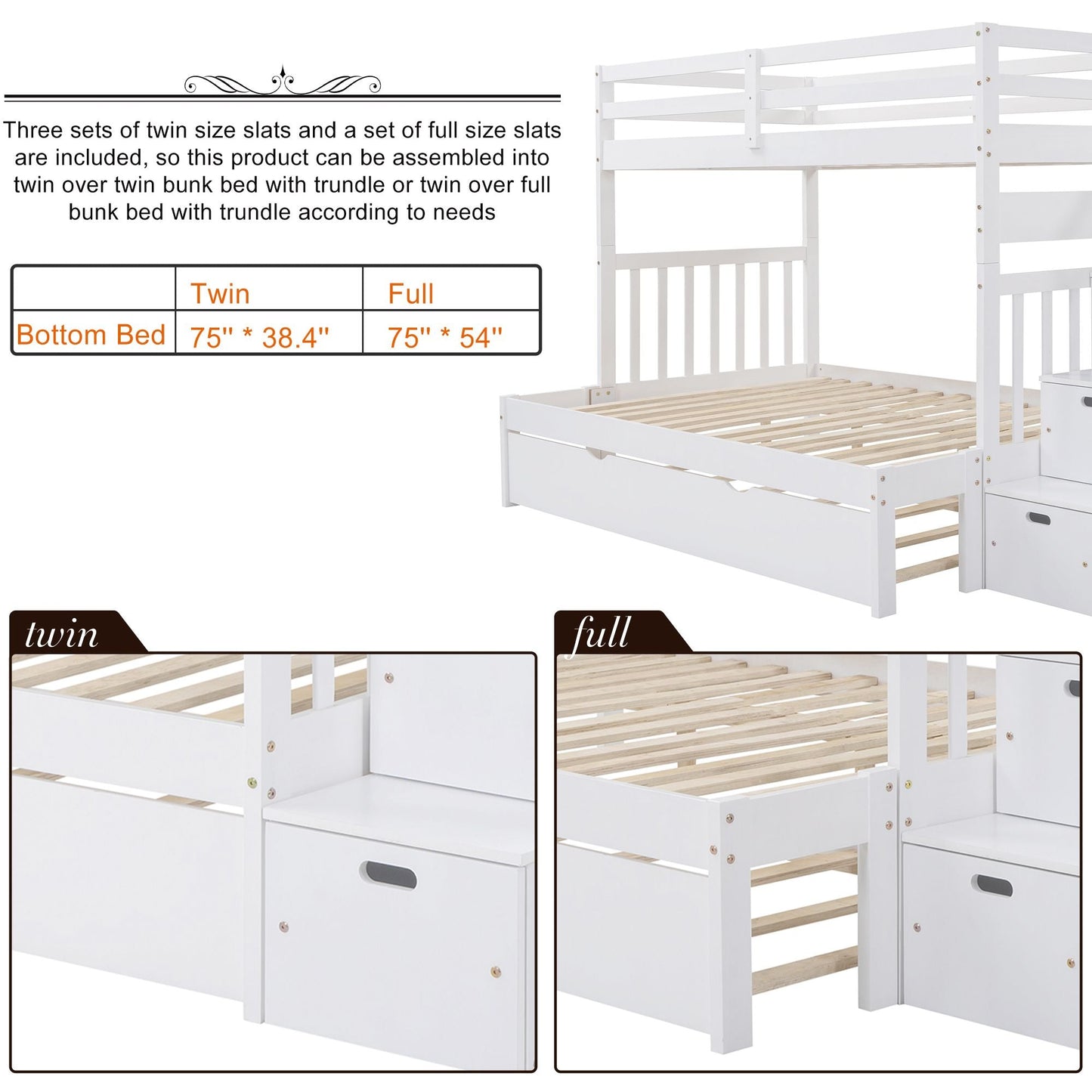 Twin over Twin/Full Bunk Bed with Twin Size Trundle - 7DAY'S