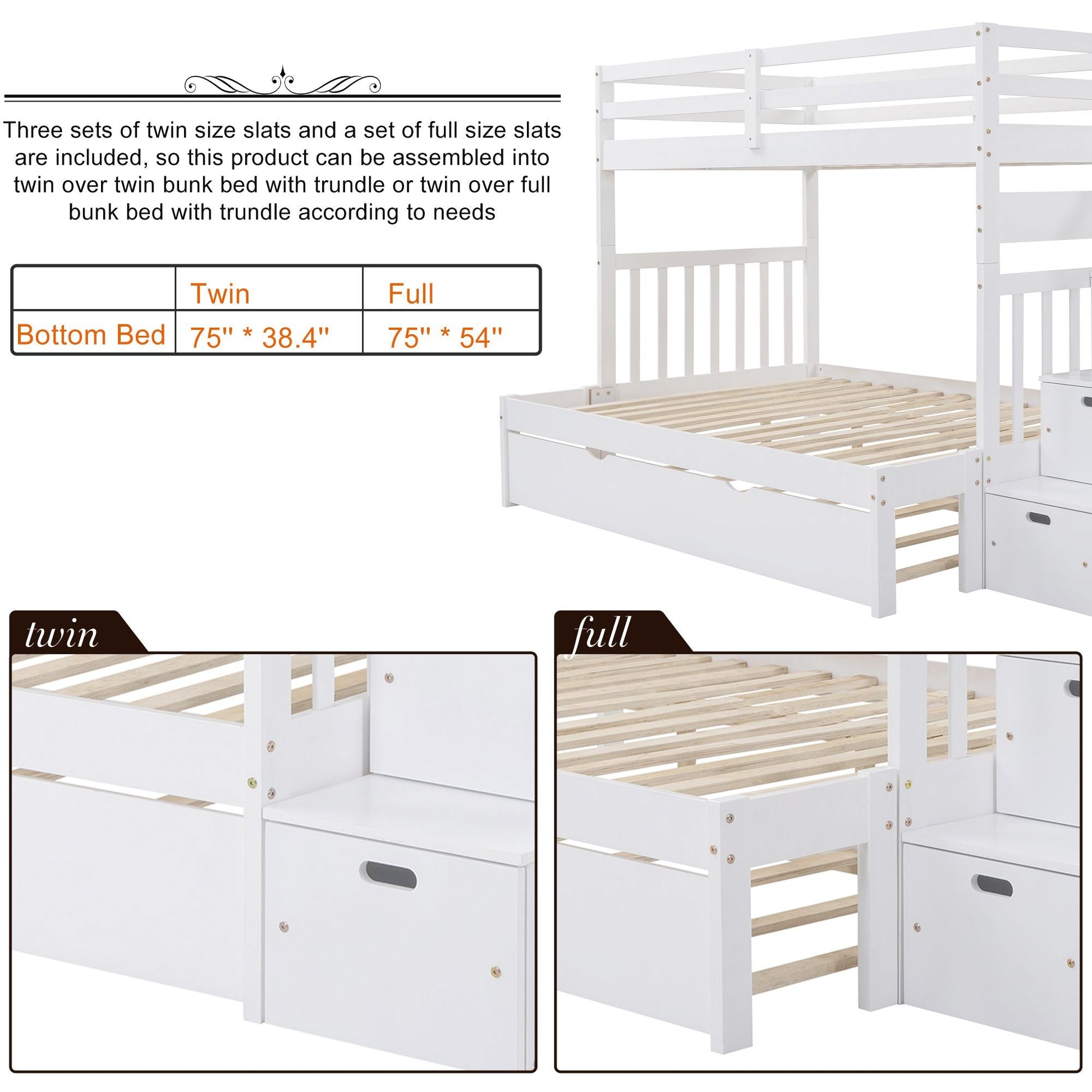 Twin over Twin/Full Bunk Bed with Twin Size Trundle - 7DAY'S