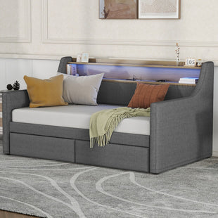 Twin Size Daybed with Storage Drawers, Upholstered Daybed with Charging Station and LED Lights, Gray(Old Item W1580S00034) - 7DAY'S