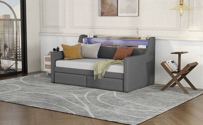 Twin Size Daybed with Storage Drawers, Upholstered Daybed with Charging Station and LED Lights, Gray(Old Item W1580S00034) - 7DAY'S