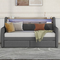 Twin Size Daybed with Storage Drawers, Upholstered Daybed with Charging Station and LED Lights, Gray(Old Item W1580S00034) - 7DAY'S