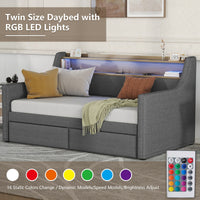 Twin Size Daybed with Storage Drawers, Upholstered Daybed with Charging Station and LED Lights, Gray(Old Item W1580S00034) - 7DAY'S