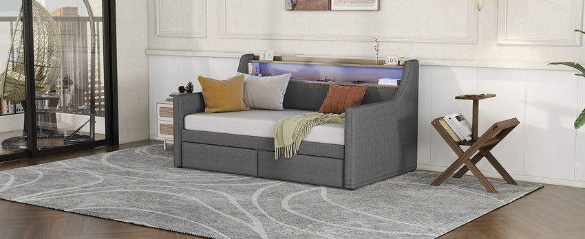 Twin Size Daybed with Storage Drawers, Upholstered Daybed with Charging Station and LED Lights, Gray(Old Item W1580S00034) - 7DAY'S