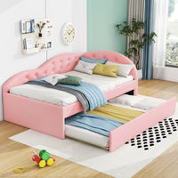 Twin Size PU Upholstered Tufted Daybed with Trundle and Cloud Shaped Guardrail - 7DAY'S