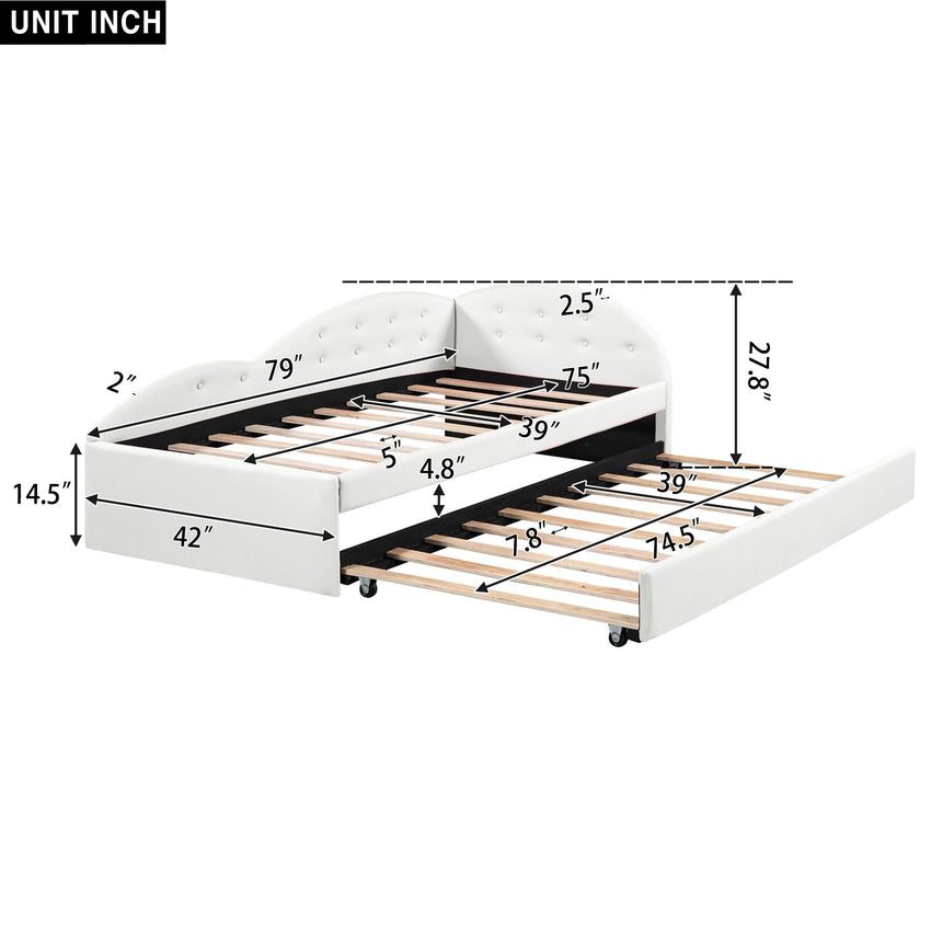 Twin Size PU Upholstered Tufted Daybed with Trundle and Cloud Shaped Guardrail - 7DAY'S