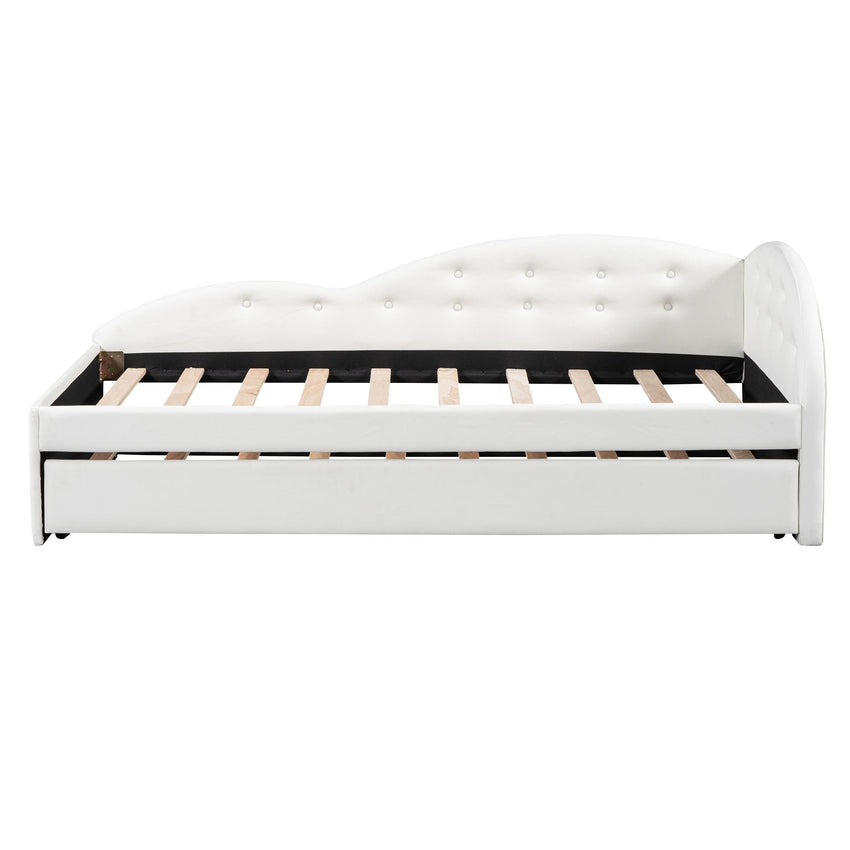 Twin Size PU Upholstered Tufted Daybed with Trundle and Cloud Shaped Guardrail - 7DAY'S