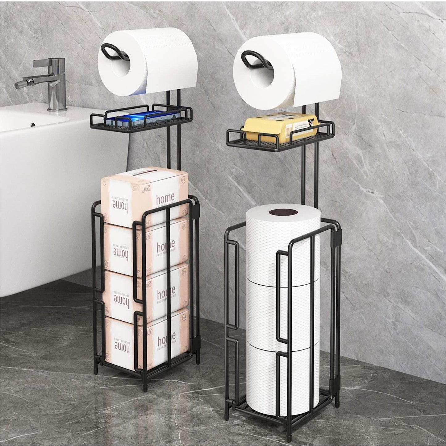Two stood - standing sanitary paper bracket brackets, toilet paper rolls with shelves, and reserve for bathroom storage, mobile phones, giant rolls, black - 7DAY'S