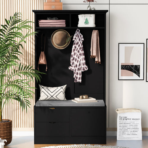 U - Can 5 - in - 1 Entryway Bench with Coat Rack, Cushion and 4 Sturdy Hooks, 40.6'' Wide Hall Tree with Shoe Storage Bench for Hallway, Entryway, Living Room - 7DAY'S