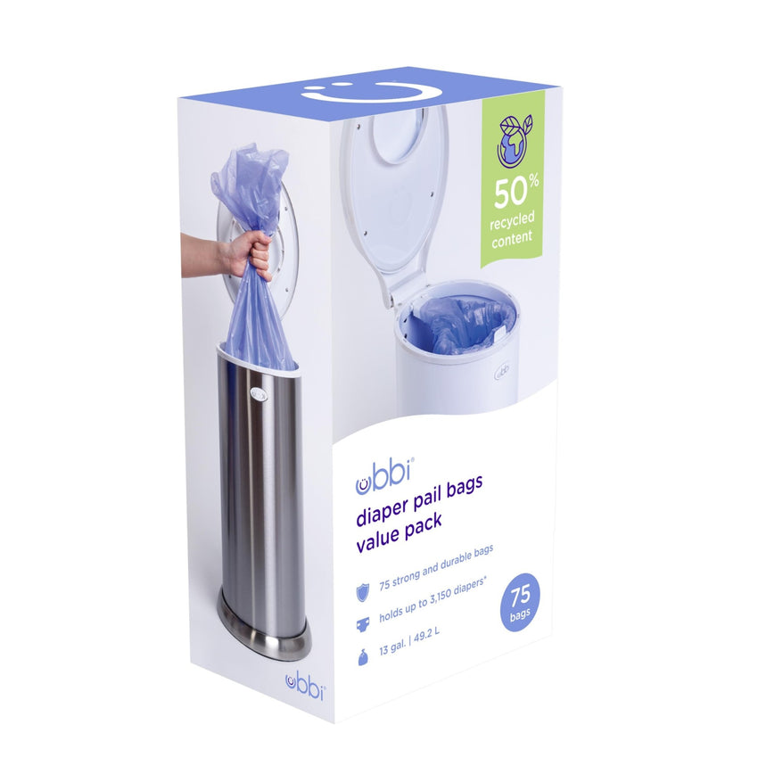 Ubbi Diaper Pail Plastic Bags, Disposable Baby Waste Bags, 3 Pack, 75 Count, 13 - Gallon Bags - 7DAY'S