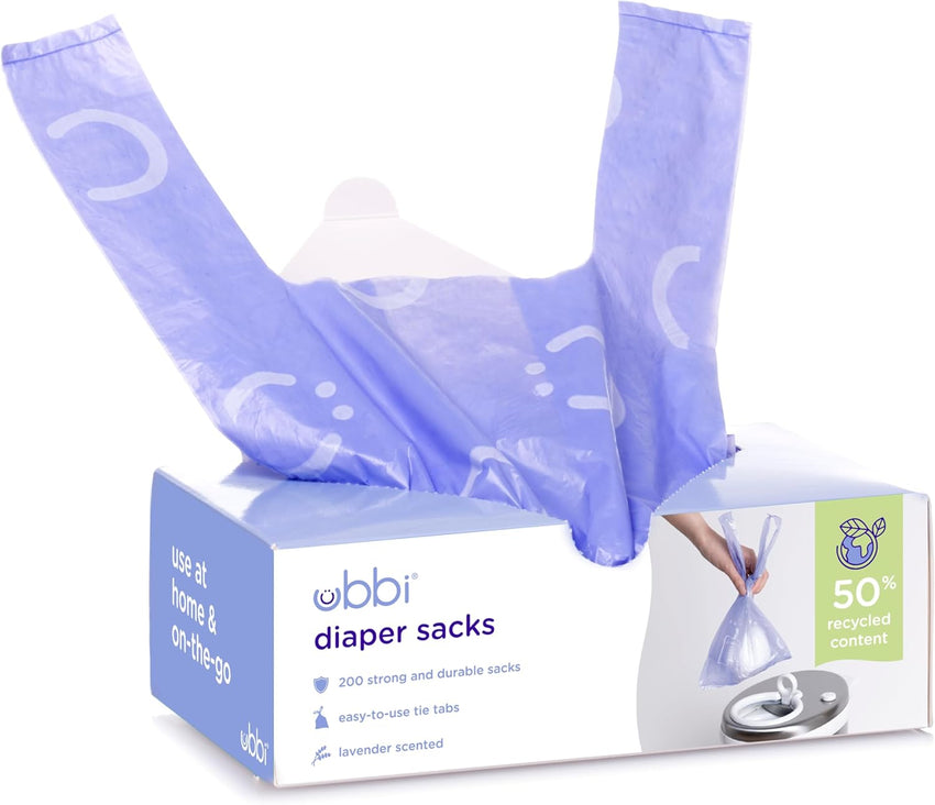 Ubbi Disposable Diaper Sacks, Lavender Scented, Easy - To - Tie Tabs, Diaper Disposal or Pet Waste Bags, 200 Count - 7DAY'S