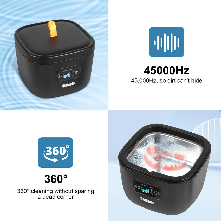 Ultrasonic Jewelry Cleaner, 45kHz Cleaner for Denture, Mouth Guard, Aligner, Toothbrush Head, Watch, Ring, Silver, Gold, Ultrasonic Jewelry Cleaner Portable for Home and Travel (Black) - 7DAY'S