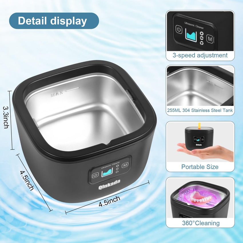Ultrasonic Jewelry Cleaner, 45kHz Cleaner for Denture, Mouth Guard, Aligner, Toothbrush Head, Watch, Ring, Silver, Gold, Ultrasonic Jewelry Cleaner Portable for Home and Travel (Black) - 7DAY'S