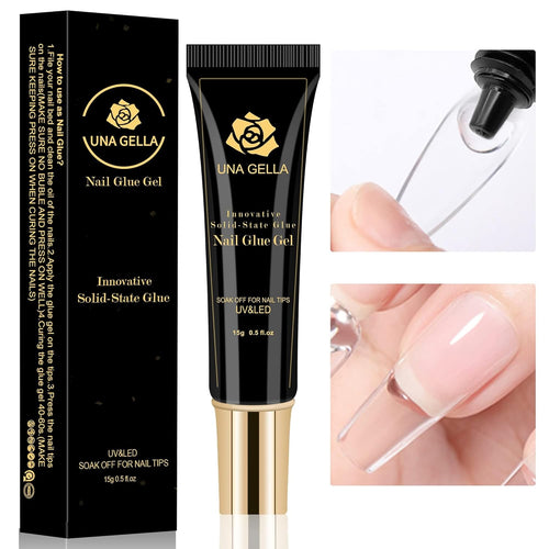 UNA GELLA Solid Nail Glue Gel 15ml Lamp Curing Needed Solid Soak Off U V/LED Lamp Required Super Strong Glue for Fake Acrylic Soft Gel Nail Tips Press On Nails Art Extension