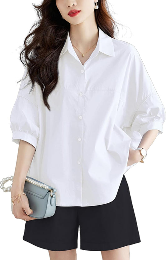 Unilexi Womens 2025 Summer 3/4 Sleeve Button Down Shirt Casual Collar Loose Blouse Tops with Bilateral Folds - 7DAY'S