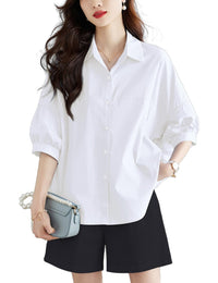 Unilexi Womens 2025 Summer 3/4 Sleeve Button Down Shirt Casual Collar Loose Blouse Tops with Bilateral Folds - 7DAY'S