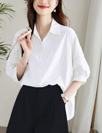 Unilexi Womens 2025 Summer 3/4 Sleeve Button Down Shirt Casual Collar Loose Blouse Tops with Bilateral Folds - 7DAY'S